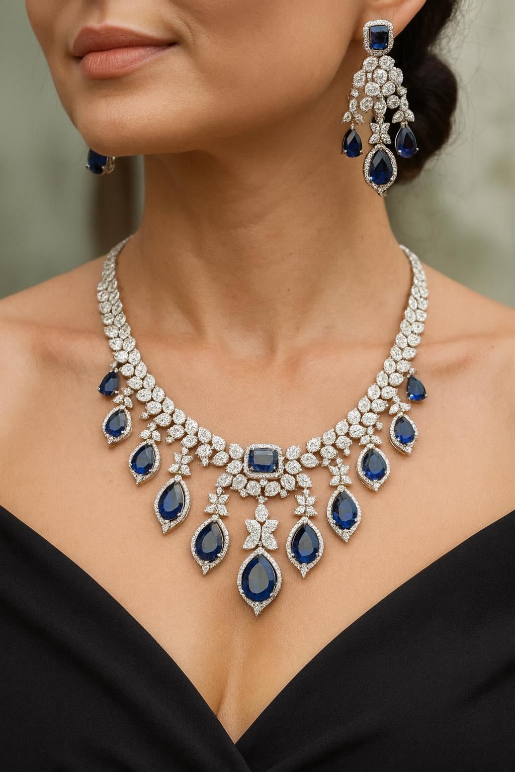 SHANAZ Sapphire blue jewelry American Diamond High Quality necklace set, Indian pakistani bridal jewelry,dark blue cz necklace and earrings