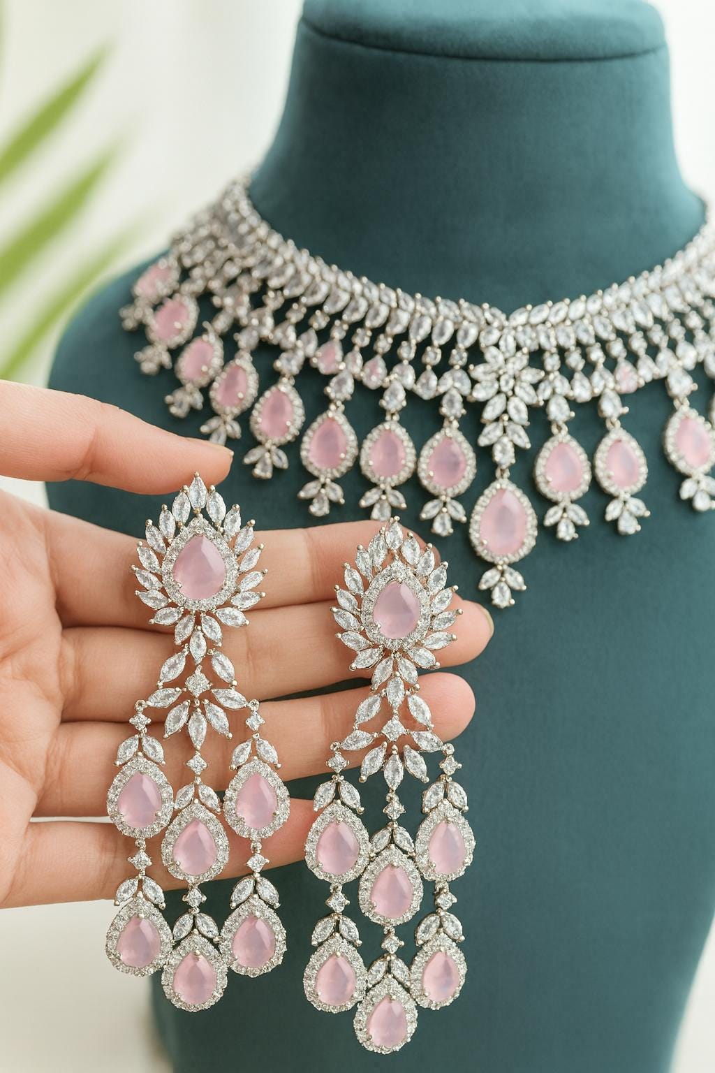 GINA Light Pink American Diamond  necklace set Indian bridal wedding jewelry,, prom jewellery,zircon cz pakistani,costume jewelery