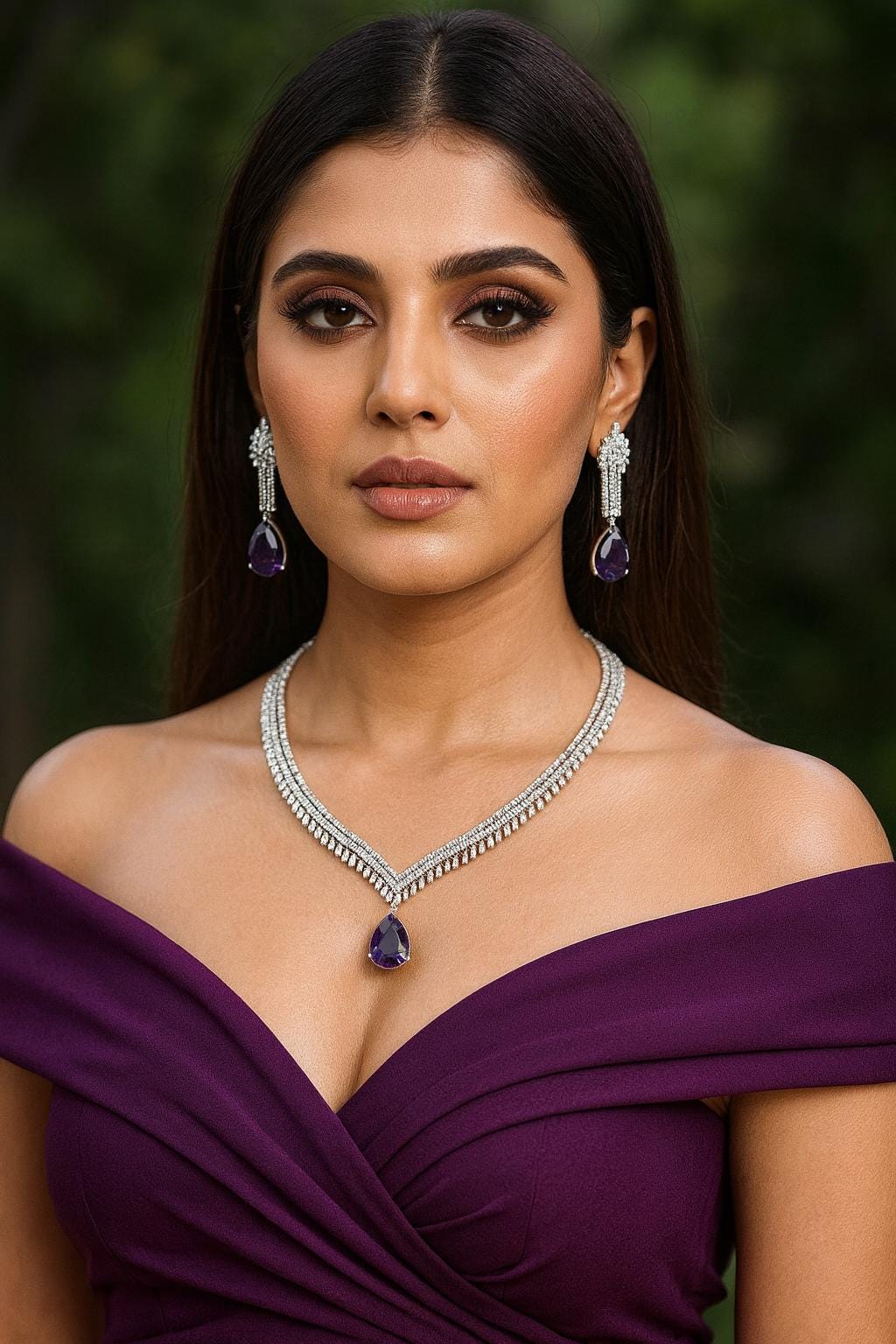 ERIKA Purple cz necklace and earrings, Statement American Diamond jewelry, Indian Jewelry Pakistani Wedding purple colour jewelry, amethyst