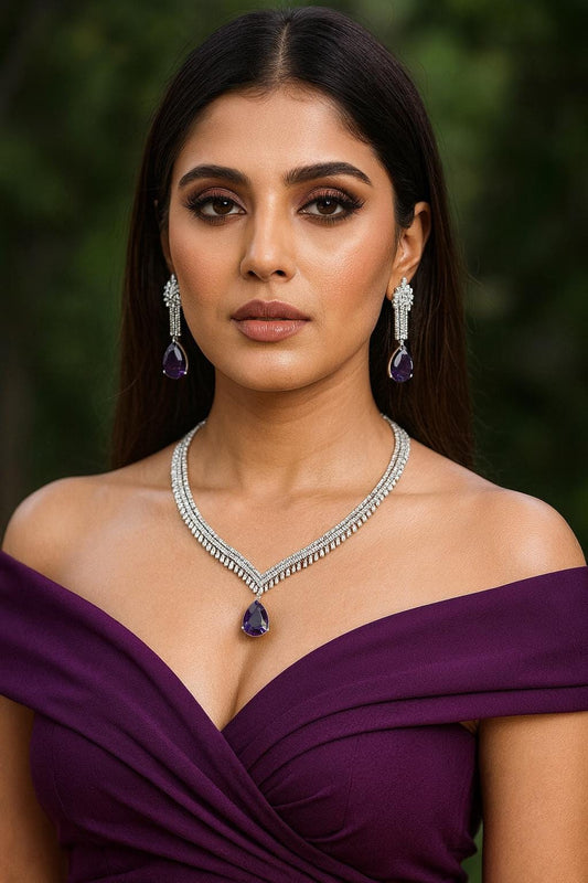 ERIKA Purple cz necklace and earrings, Statement American Diamond jewelry, Indian Jewelry Pakistani Wedding purple colour jewelry, amethyst