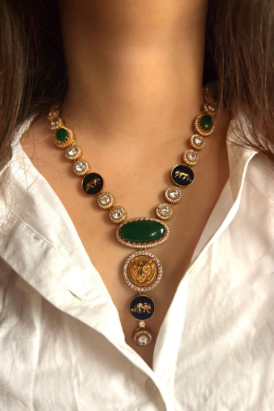 URVI Sabyasachi inspired Green Victorian style kundan necklace set,Indian Bridal jewelry, cz kundan Victorian golden polish