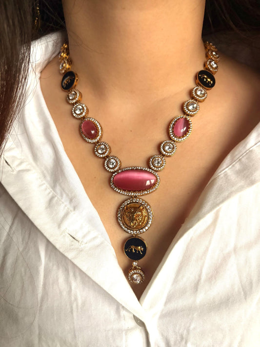 URVI Sabyasachi inspired Pink Victorian style kundan necklace set,Indian Bridal jewelry, cz kundan Victorian golden polish