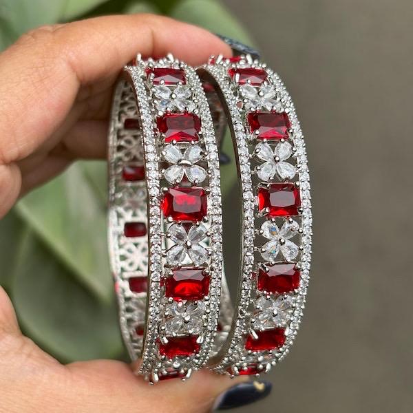 ANISHA American diamond bangle set in Ruby red stones, AD bangle set,cz zircon ,bridal,indian bangles,pakistani bangles, red silver