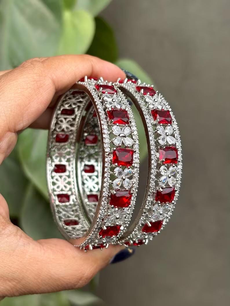 ANISHA American diamond bangle set in Ruby red stones, AD bangle set,cz zircon ,bridal,indian bangles,pakistani bangles, red silver