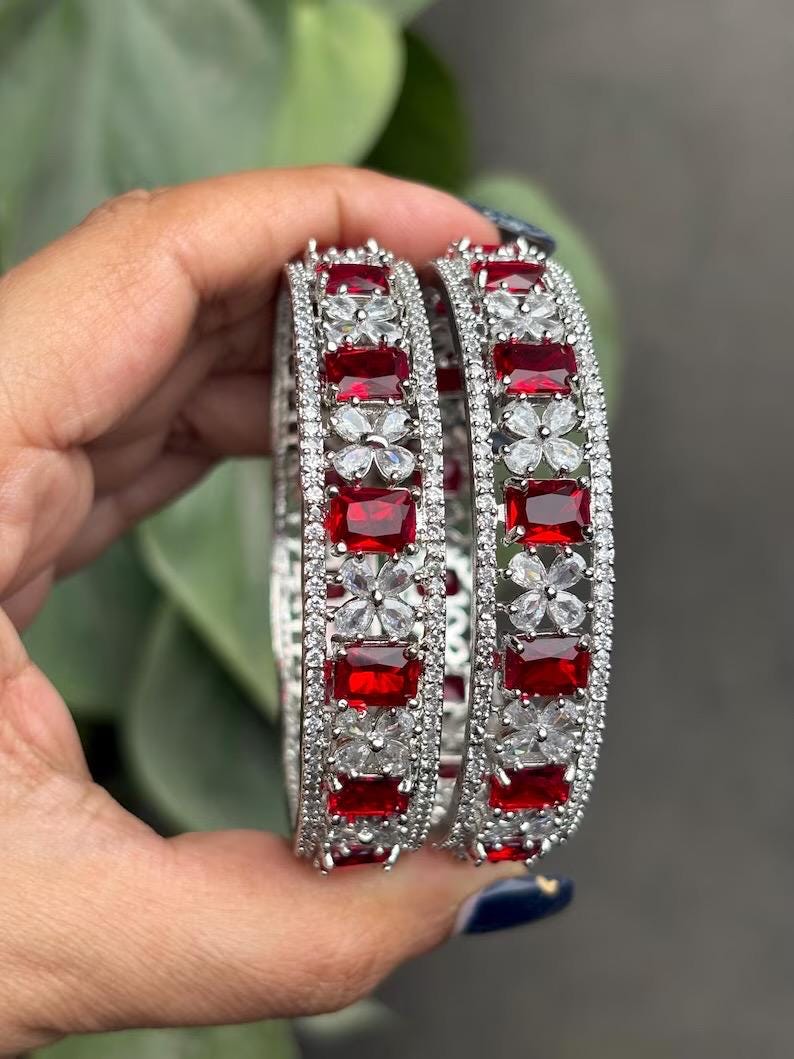 ANISHA American diamond bangle set in Ruby red stones, AD bangle set,cz zircon ,bridal,indian bangles,pakistani bangles, red silver