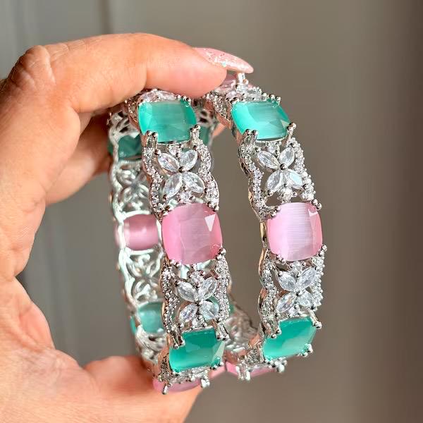 KRITI American diamond bangle set in mint pink stones, AD bangle set,cz zircon ,bridal,indian bangles,pakistani bangles, mint green pink