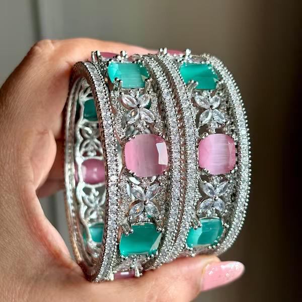 KRITI American diamond bangle set in mint pink stones, AD bangle set of 6 bangles ,cz zircon indian bangles,pakistani bangles,