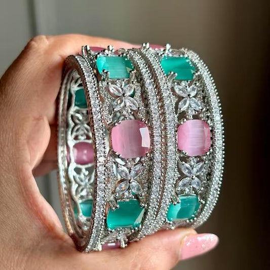 KRITI American diamond bangle set in mint pink stones, AD bangle set of 6 bangles ,cz zircon indian bangles,pakistani bangles,