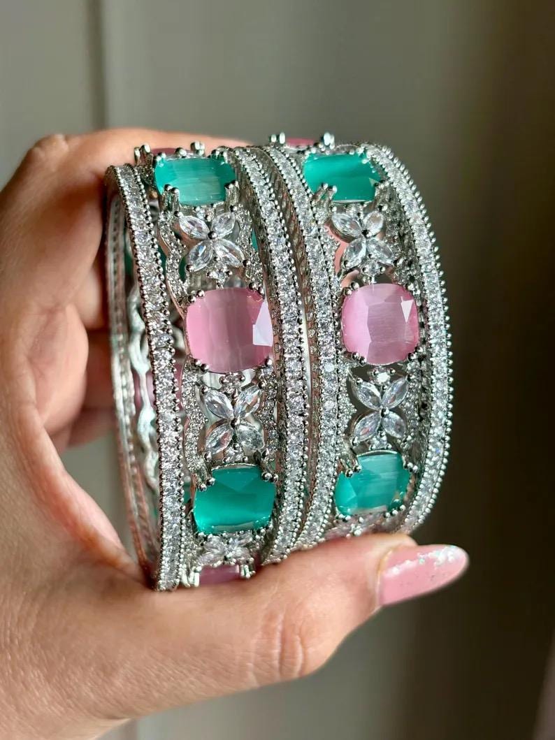 KRITI American diamond bangle set in mint pink stones, AD bangle set of 6 bangles ,cz zircon indian bangles,pakistani bangles,