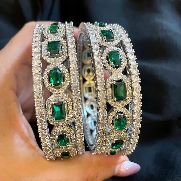 MINAL American diamond bangle set in Emerald Green stones, AD bangle set of 6 bangles ,cz zircon indian bangles,pakistani bangles,