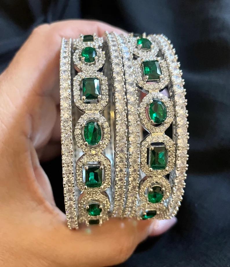 MINAL American diamond bangle set in Emerald Green stones, AD bangle set of 6 bangles ,cz zircon indian bangles,pakistani bangles,