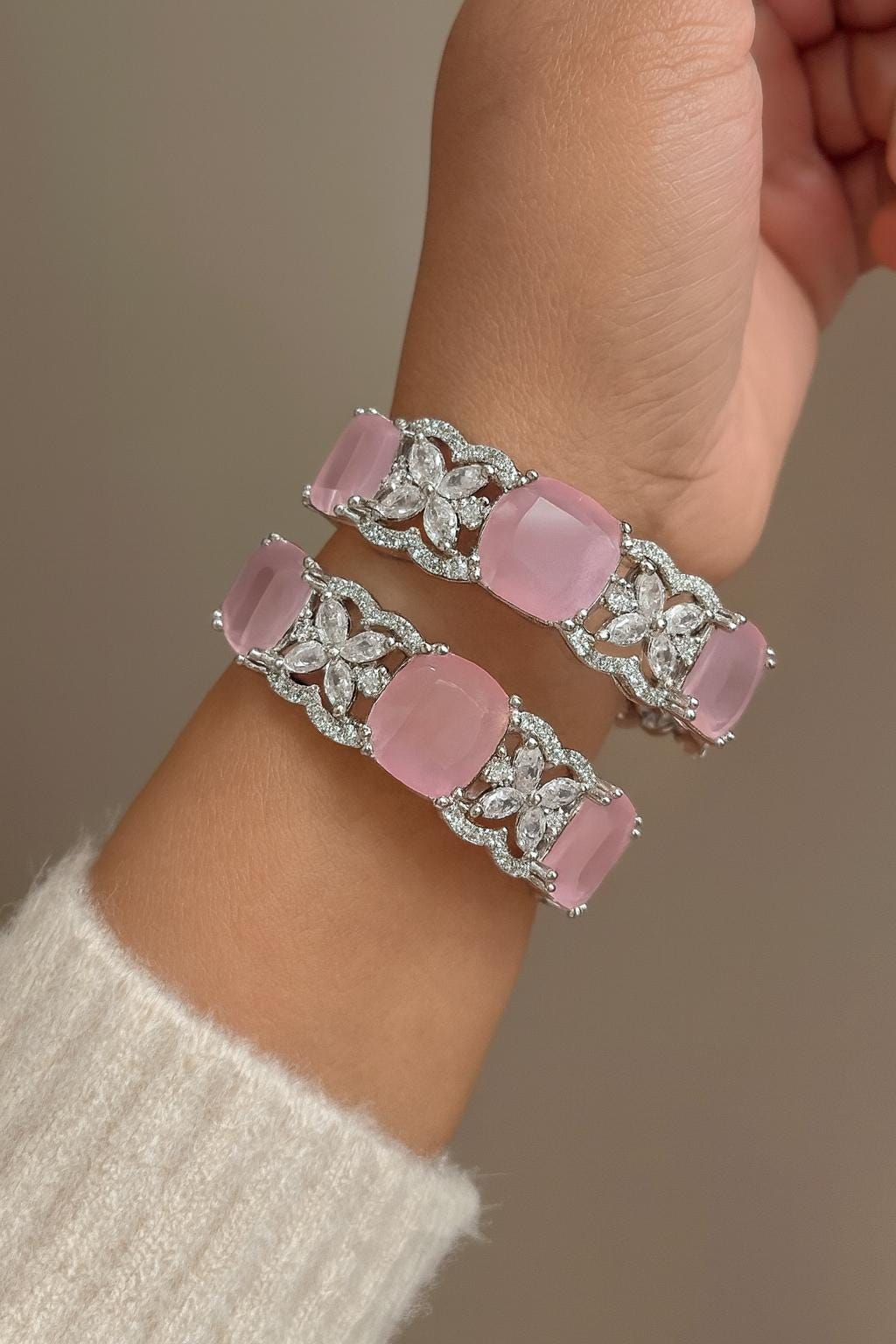 NISHTHA American diamond bangle set in  pink stones, AD bangle set,cz zircon ,bridal,indian bangles,pakistani bangles, light pink and silver
