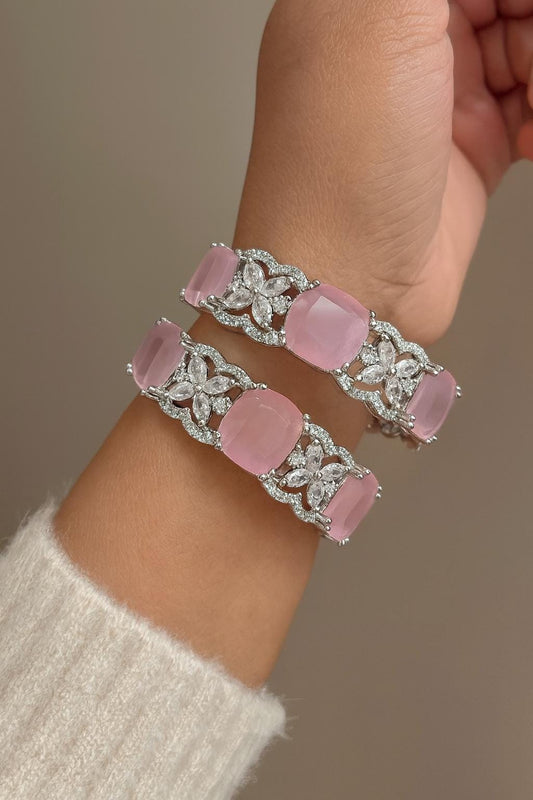 NISHTHA American diamond bangle set in  pink stones, AD bangle set,cz zircon ,bridal,indian bangles,pakistani bangles, light pink and silver