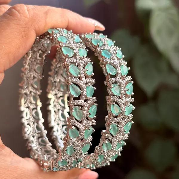 NIAT American diamond bangle set in mint colour stones, AD bangle set,cz zircon ,bridal,indian bangles,pakistani bangles, green silver