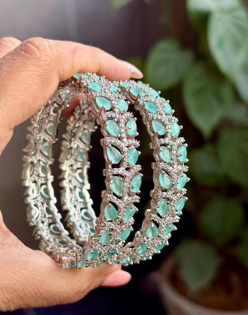 NIAT American diamond bangle set in mint colour stones, AD bangle set,cz zircon ,bridal,indian bangles,pakistani bangles, green silver