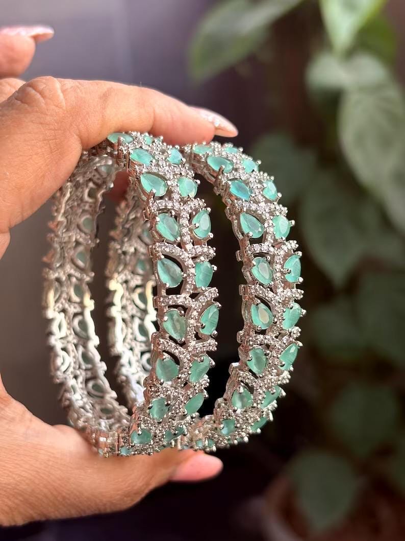 NIAT American diamond bangle set in mint colour stones, AD bangle set,cz zircon ,bridal,indian bangles,pakistani bangles, green silver