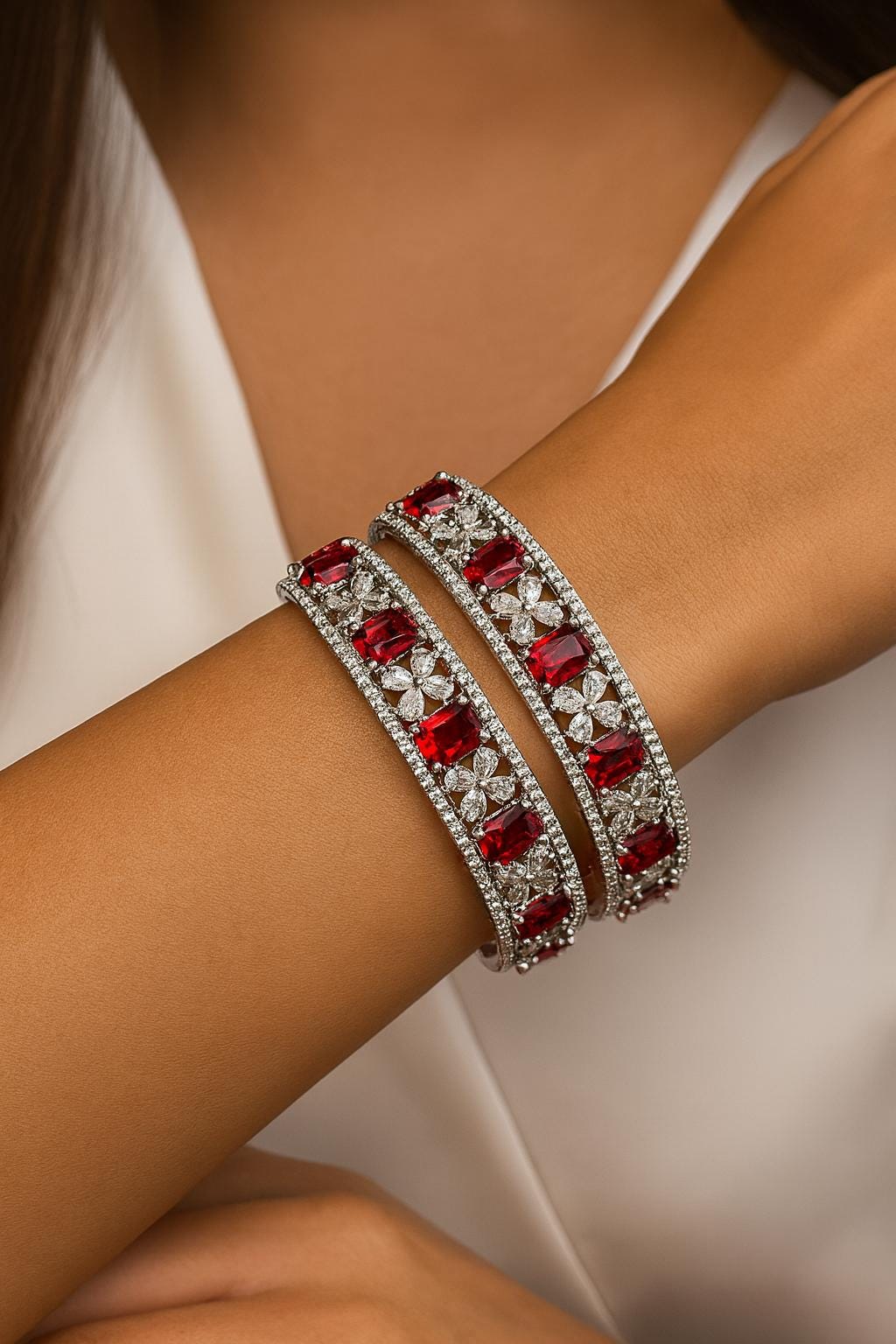 ANISHA American diamond bangle set in Ruby red stones, AD bangle set,cz zircon ,bridal,indian bangles,pakistani bangles, red silver
