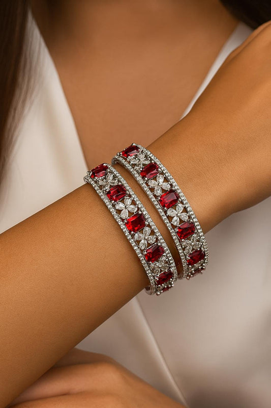 ANISHA American diamond bangle set in Ruby red stones, AD bangle set,cz zircon ,bridal,indian bangles,pakistani bangles, red silver
