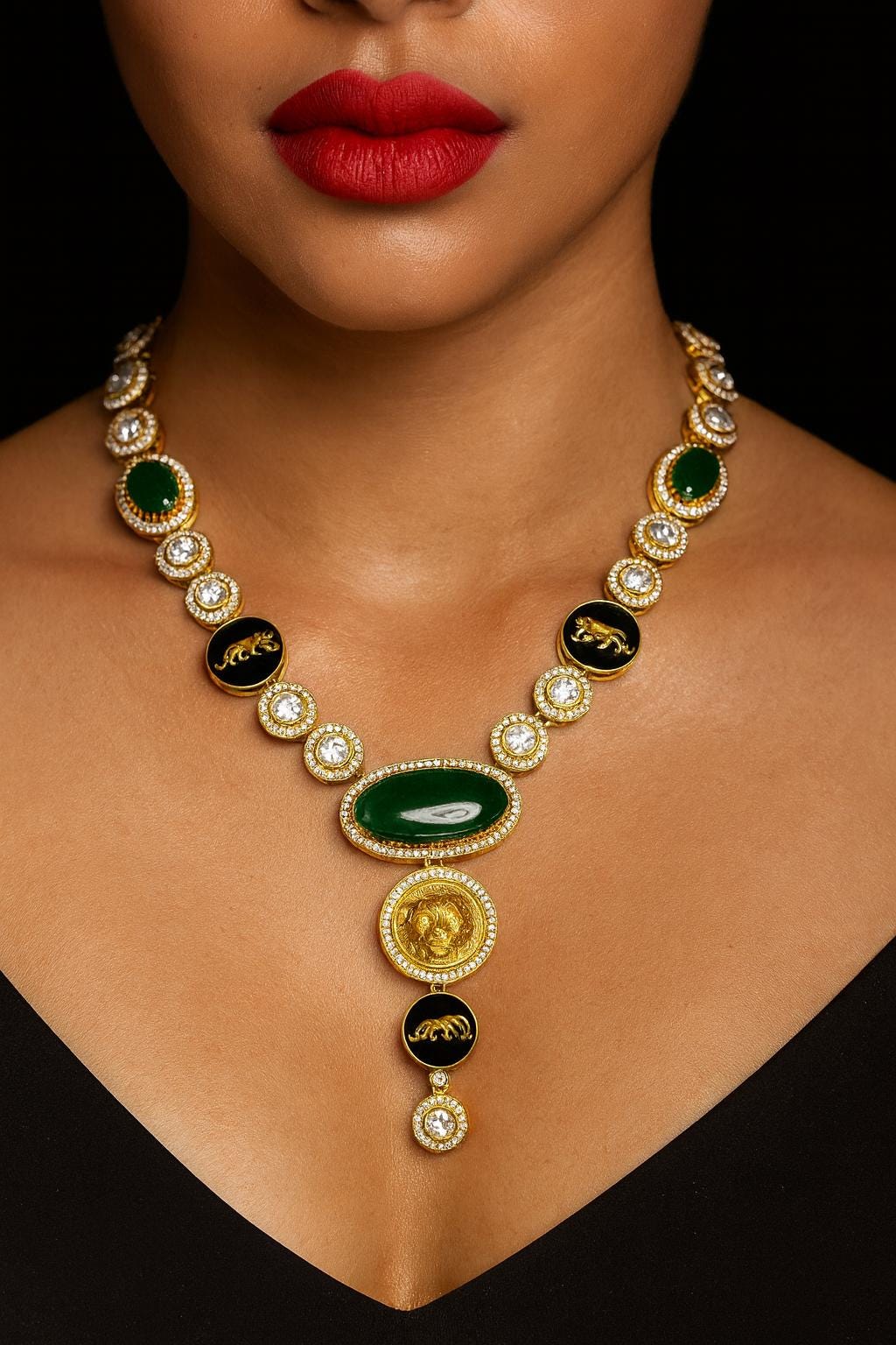 URVI Sabyasachi inspired Green Victorian style kundan necklace set,Indian Bridal jewelry, cz kundan Victorian golden polish