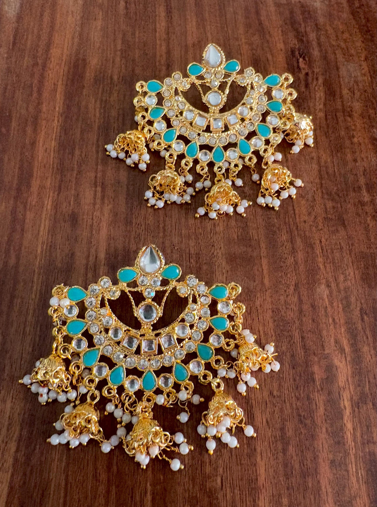 SAFIYA blue Kundan chandbali in pearls and and gold, Indian bridal wedding jewelry ,Pakistani chandbali earrings in gold finish