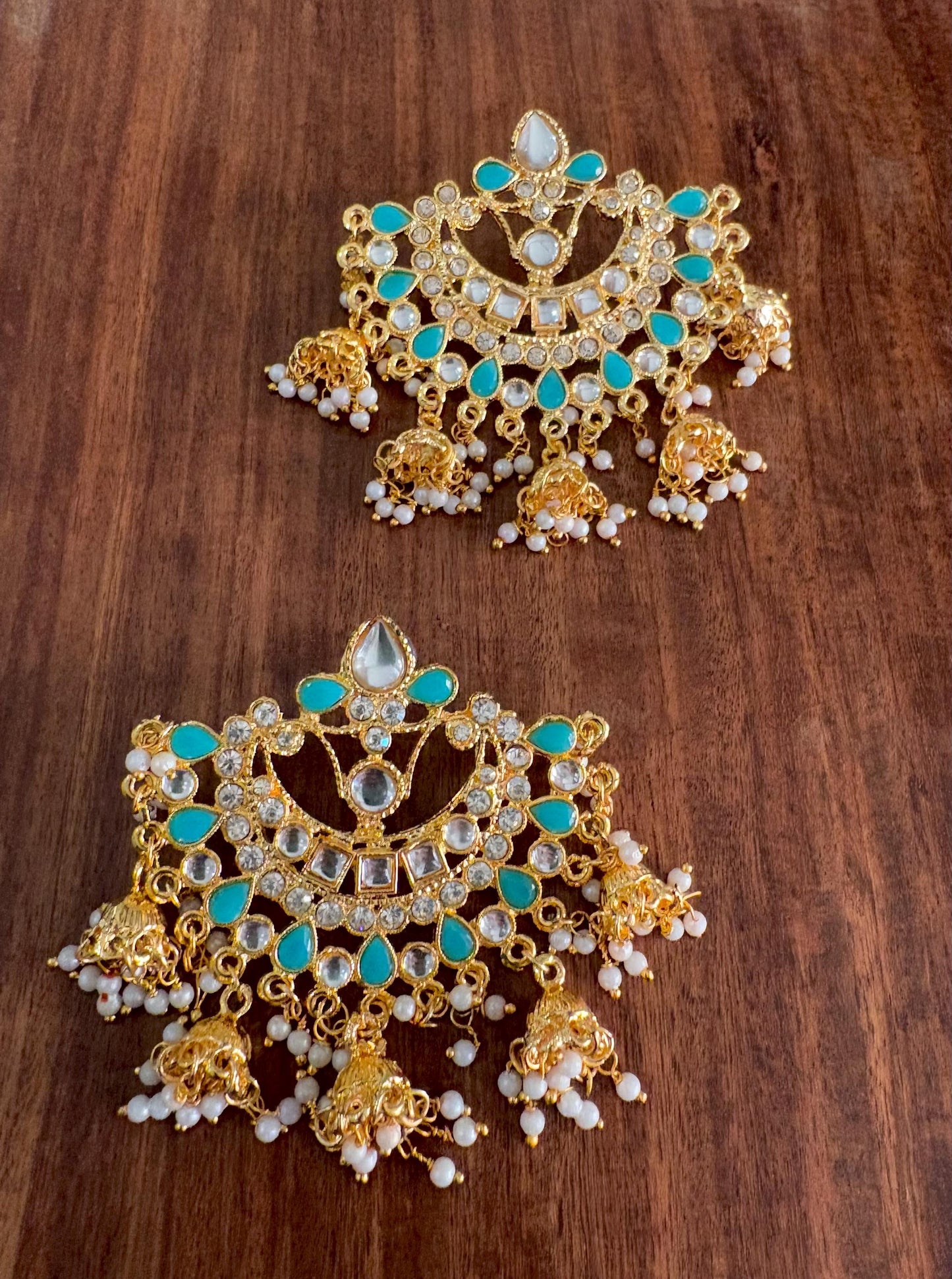 SAFIYA blue Kundan chandbali in pearls and and gold, Indian bridal wedding jewelry ,Pakistani chandbali earrings in gold finish