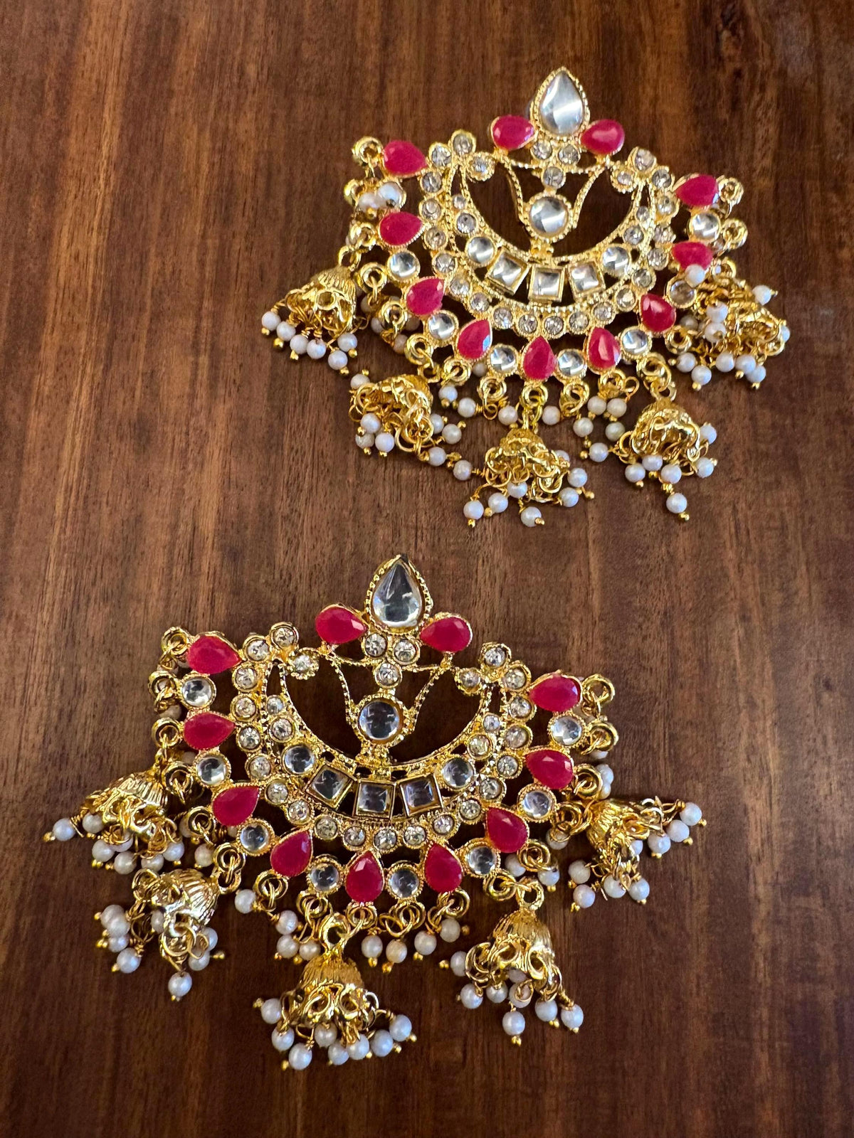 SAFIYA pink Kundan chandbali in pearls and and gold, Indian bridal wedding jewelry ,Pakistani chandbali earrings in gold finish