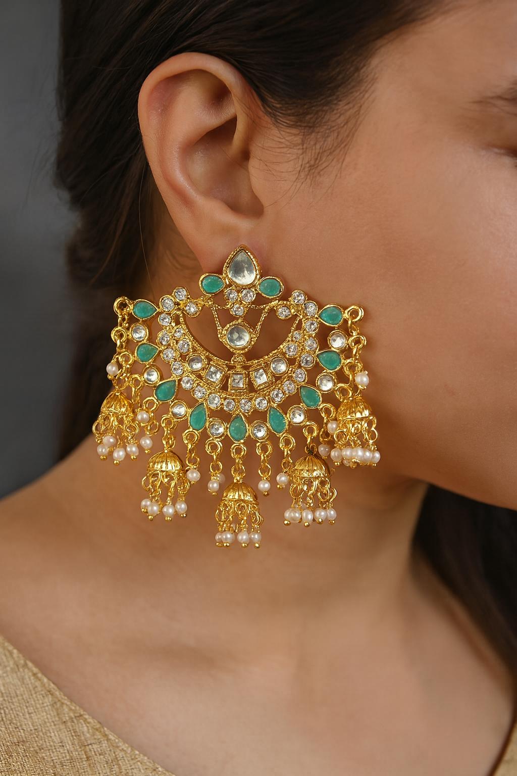 SAFIYA blue Kundan chandbali in pearls and and gold, Indian bridal wedding jewelry ,Pakistani chandbali earrings in gold finish