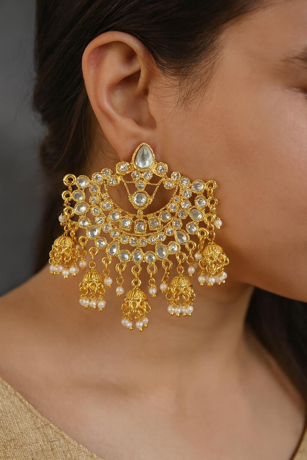 SAFIYA Kundan chandbali in pearls and and gold, Indian bridal wedding jewelry ,Pakistani chandbali earrings in gold finish