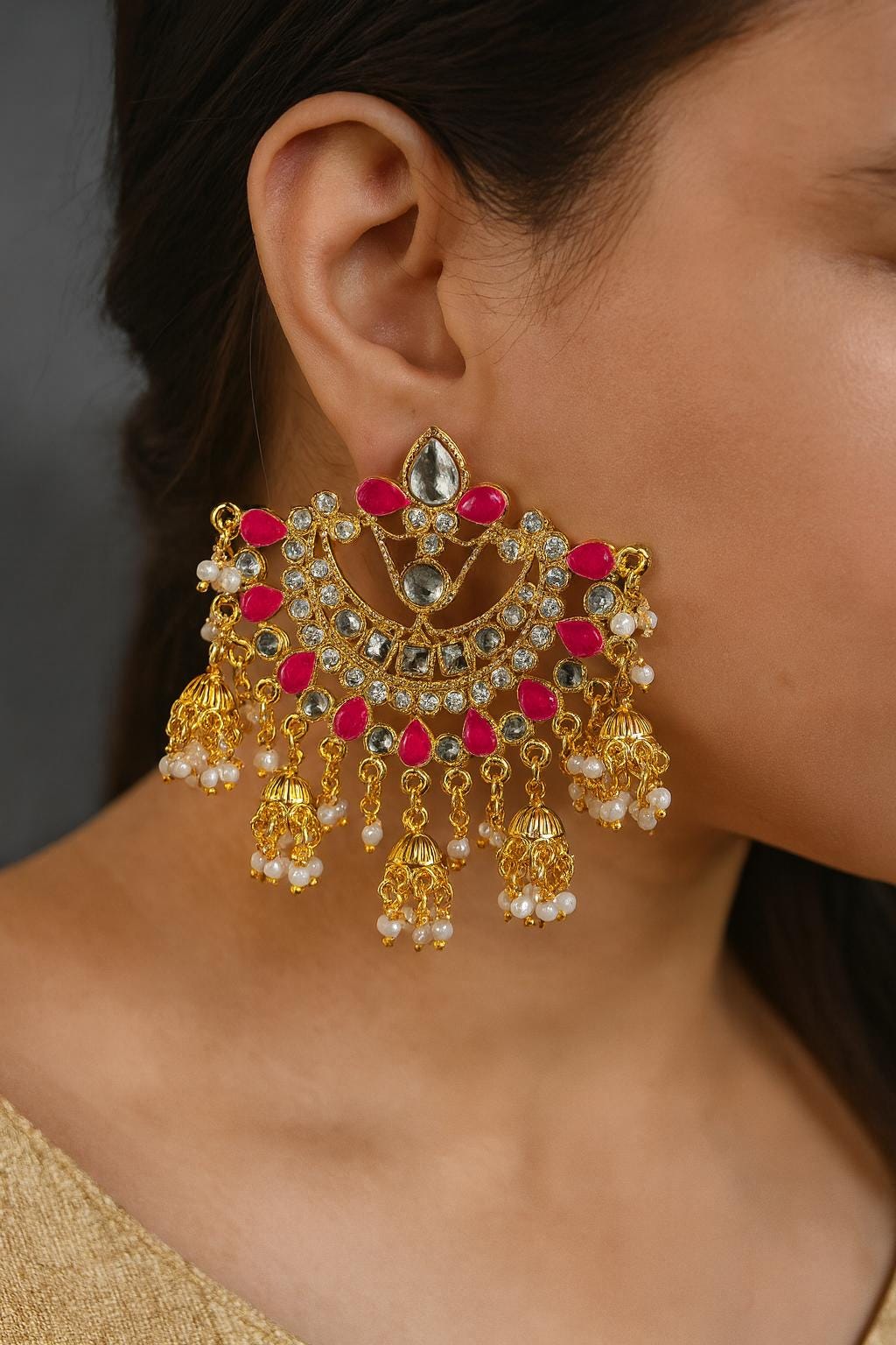 SAFIYA pink Kundan chandbali in pearls and and gold, Indian bridal wedding jewelry ,Pakistani chandbali earrings in gold finish