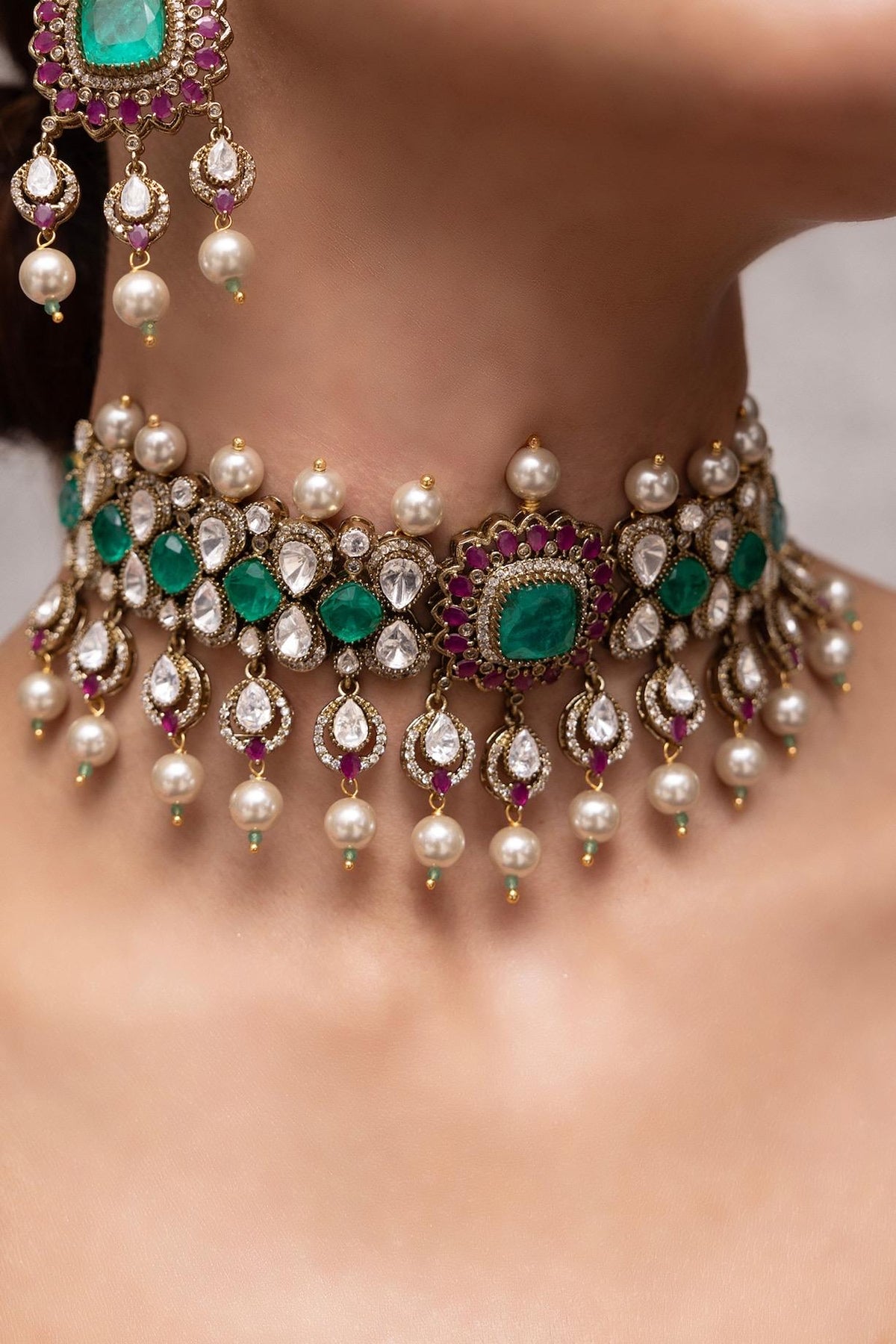 RUHANI Sabyasachi inspired Emerald and Ruby choker set lined with pearls, kundan necklace set in doublet stone,Indian Bridal wedding jewelry