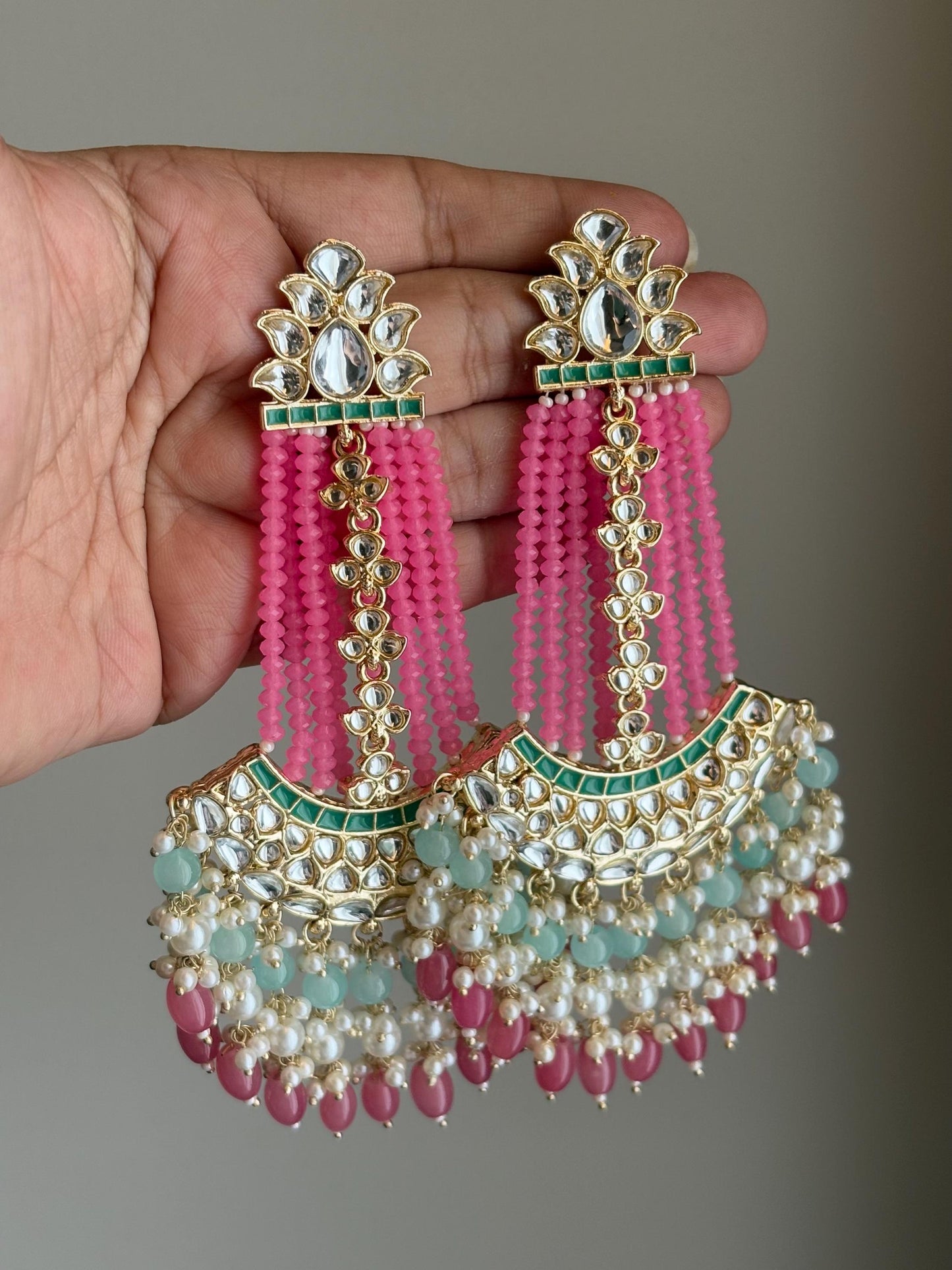 ZUNEIRA Blush Pink Gold Tone Royal Kundan Chandbali/ Indian dangler Earrings,Pakistani Wedding Jewelry/pink blue bollywood chandbalis