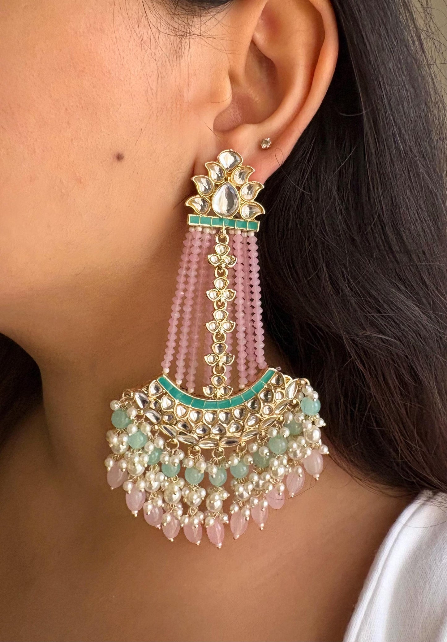 ZUNEIRA Light pink Gold Tone Royal Kundan Chandbali/ Indian dangler Earrings,Pakistani Wedding Jewelry/pink bollywood chandbalis
