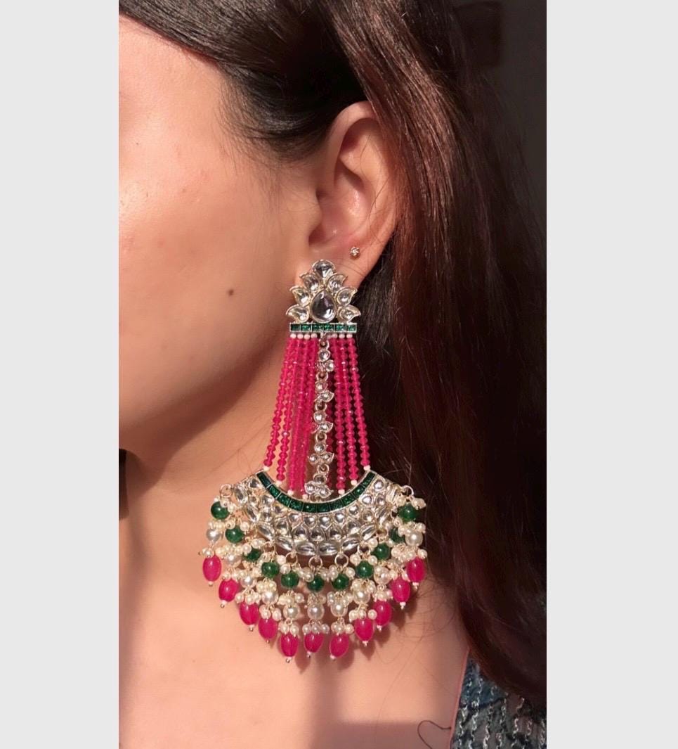 ZUNEIRA Hot pink Gold Tone Royal Kundan Chandbali/ Indian dangler Earrings,Pakistani Wedding Jewelry/ hot pink green bollywood chandbali