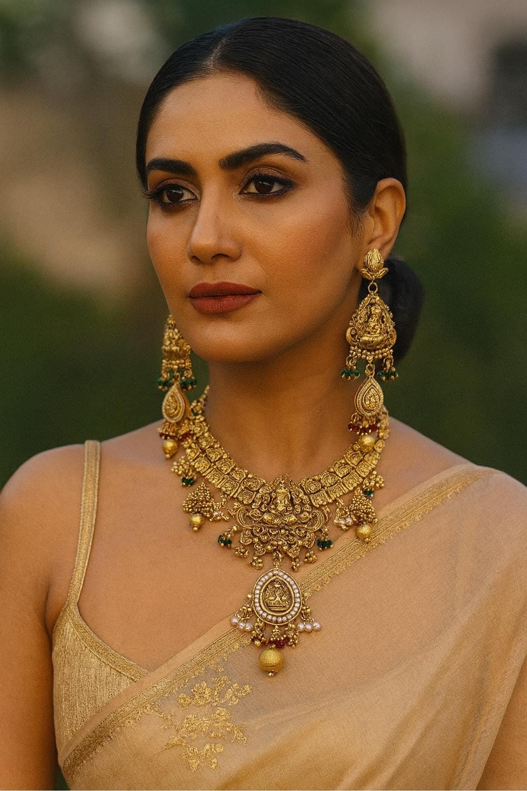 DHANYAA Gold tone Rajwadi jewellery South Indian jewelry, necklace earrings, Indian golden jewelry,kempu,Goddess Lakshmi temple jewelry