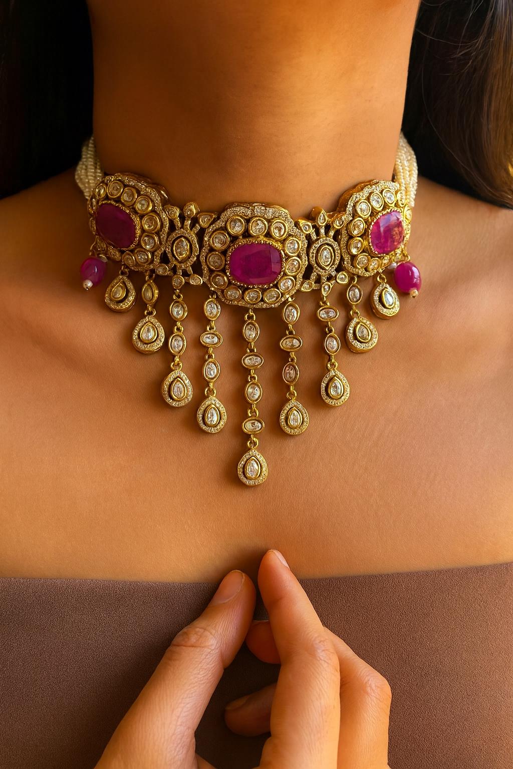 SABREEN Purple Victorian style Sabyasachi uncut polki choker set,Indian Bridal jewelry ,Cz  Necklace Set,pakistani jewellery,wedding jewelry