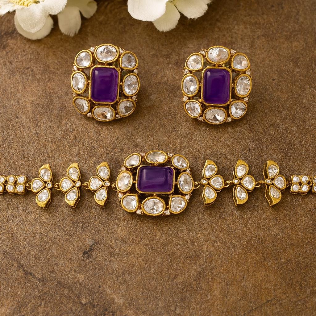 SABAA  Purple Doublet Stone Choker Necklace Set with Earrings, purple sleek choker with studs,  Indian Pakistani wedding jewelry