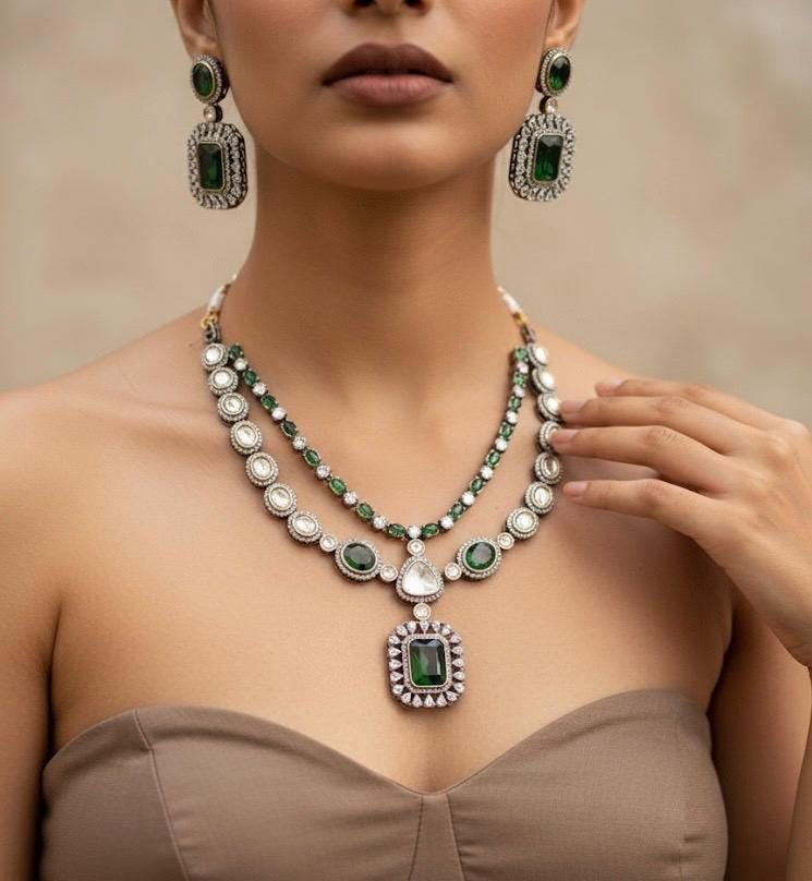 PAVITRA Emerald Green colour necklace set in Doublet Stones,Victorian look Indian Kundan Wedding Jewelry,Sabyasachi Jewellery in green