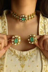 SABAA Victorian look Mint Green Doublet Stone kundan Choker with stud Earrings,mint green sleek necklace set,Indian Pakistani bridal jewelry
