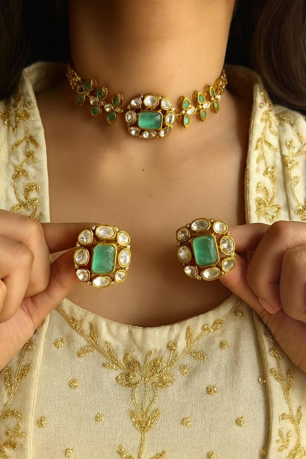 SABAA Victorian look Mint Green Doublet Stone kundan Choker with stud Earrings,mint green sleek necklace set,Indian Pakistani bridal jewelry