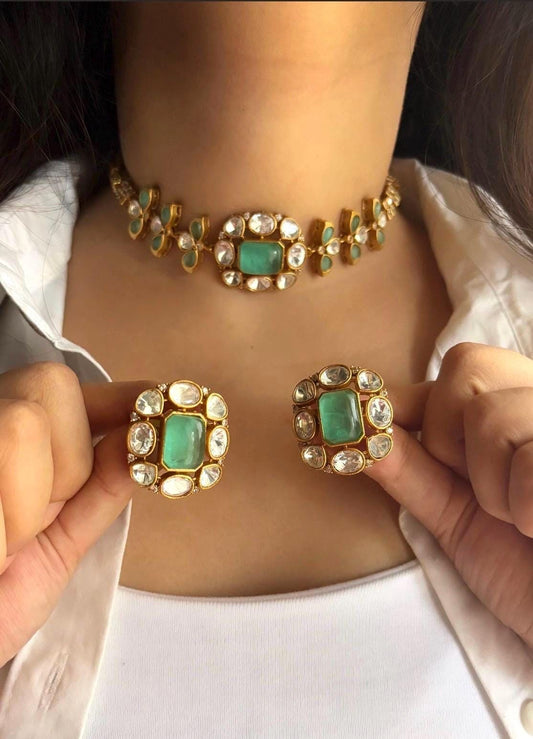 SABAA Victorian look Mint Green Doublet Stone kundan Choker with stud Earrings,mint green sleek necklace set,Indian Pakistani bridal jewelry
