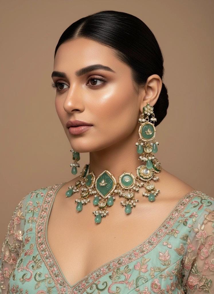 DIYANA Sabyasachi inspired mint and golden Fusion Kundan choker set, necklace set, indian wedding jewelry pakistani set bollywood jewelry