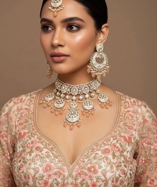 INSHAA Peach Kundan Choker earrings maangtika,Punjabi Jewellery, Indian Kundan Necklace Set, cz zircon,Pakistani nikaah Jewelry,Bridal