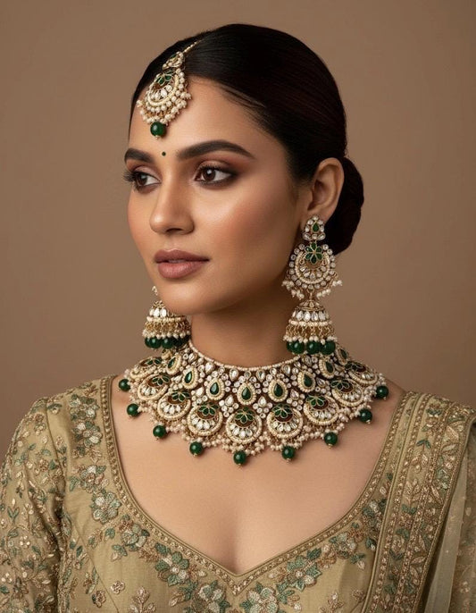 HINA bridal Kundan necklace set in emerald green colour,Indian wedding jewelry pakistani nikaah jewellery bollywood, maangtika included