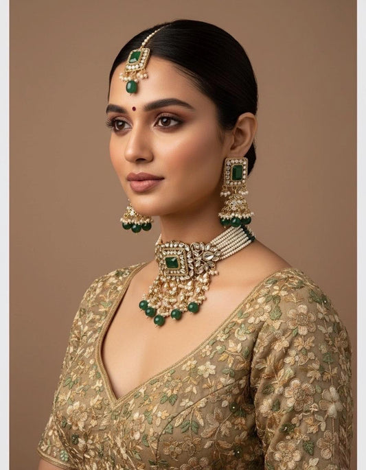 AMYRA Green Kundan Necklace Set