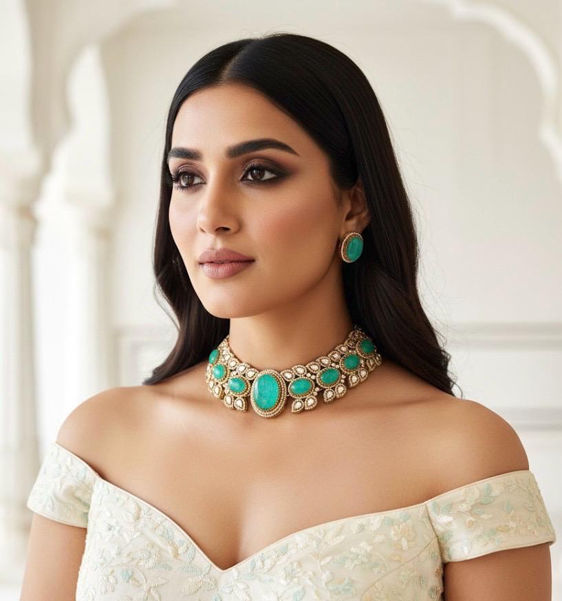 KUSHA Mint green Doublet Stone kundan Necklace choker Set with studs Earrings,moissanite kundan Indian Pakistani wedding jewelry
