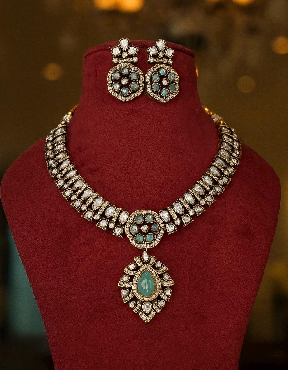 RASHI Sabyasachi inspired mint cz kundan and zircon necklace set in victorian polish, Indian bridal victorian style mint green jewelry