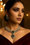 RASHI Sabyasachi inspired green cz kundan and zircon necklace set in victorian polish, Indian bridal victorian style green colour jewelry