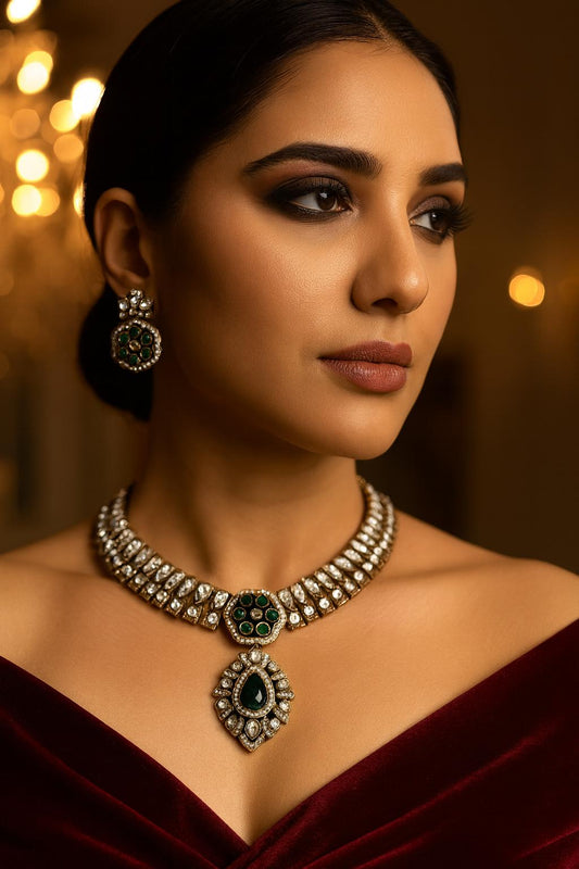 RASHI Sabyasachi inspired green cz kundan and zircon necklace set in victorian polish, Indian bridal victorian style green colour jewelry