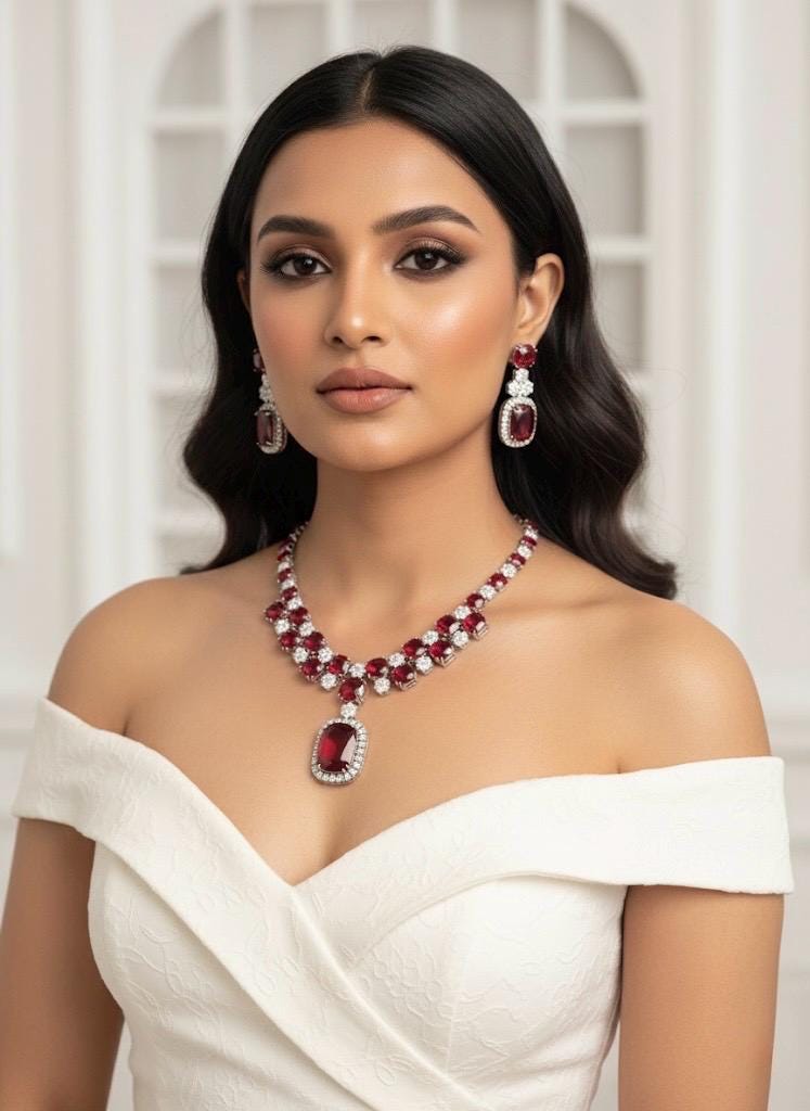 ADITA Ruby red silver necklace earrings in American Diamond Classy high quality cz zircon jewelry,prom,gala dinner red colour jewellery set