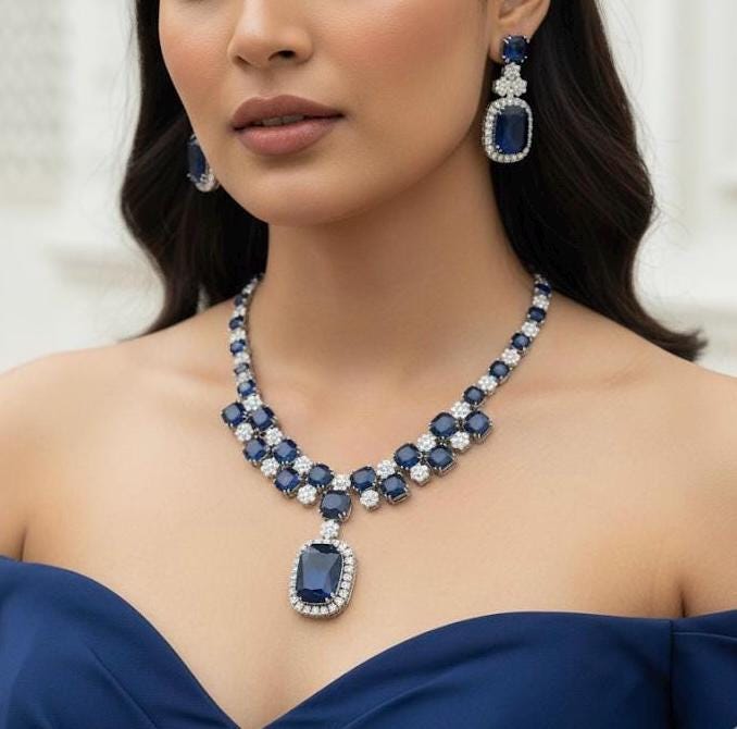 ADITA Sapphire blue necklace earrings in American Diamond Classy high quality cz zircon jewelry,prom,gala dinner blue colour jewellery set